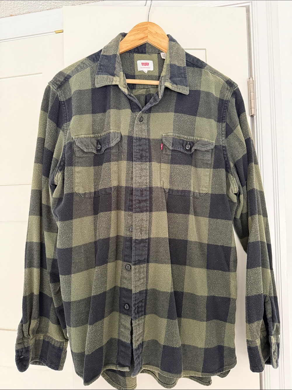 Levi's Men's Olive and Black Plaid Button-Down Shirt